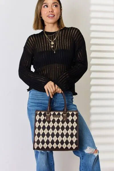 Argyle And Vegan Leather Brown Shoulder Bag