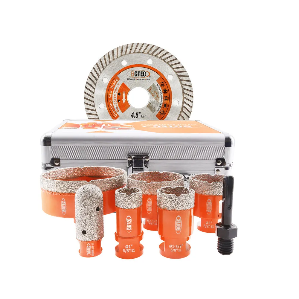 BGTEC Diamond Drill Bit 8pcs/set 20/35/50/65/100mm Core Bit 4.5"Saw Blade 25mm Finger Adapter Granite Marble Ceramic 5/8-11