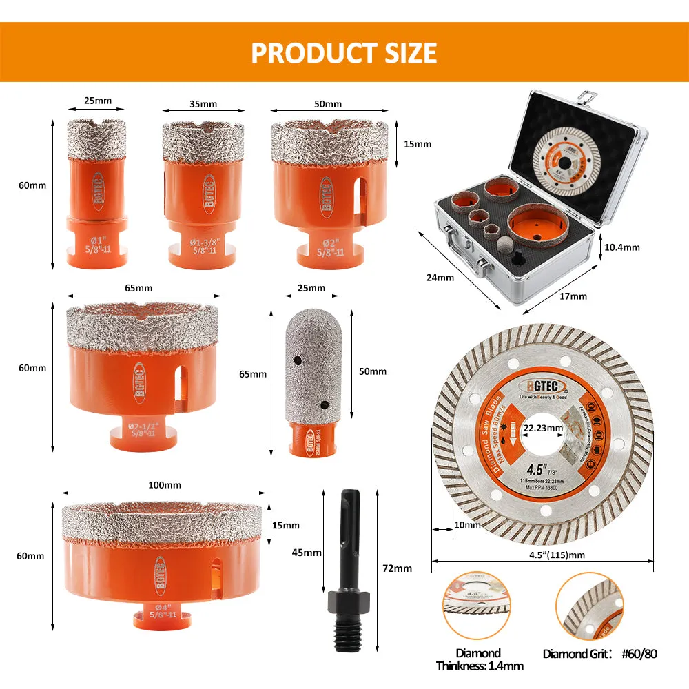 BGTEC Diamond Drill Bit 8pcs/set 20/35/50/65/100mm Core Bit 4.5"Saw Blade 25mm Finger Adapter Granite Marble Ceramic 5/8-11
