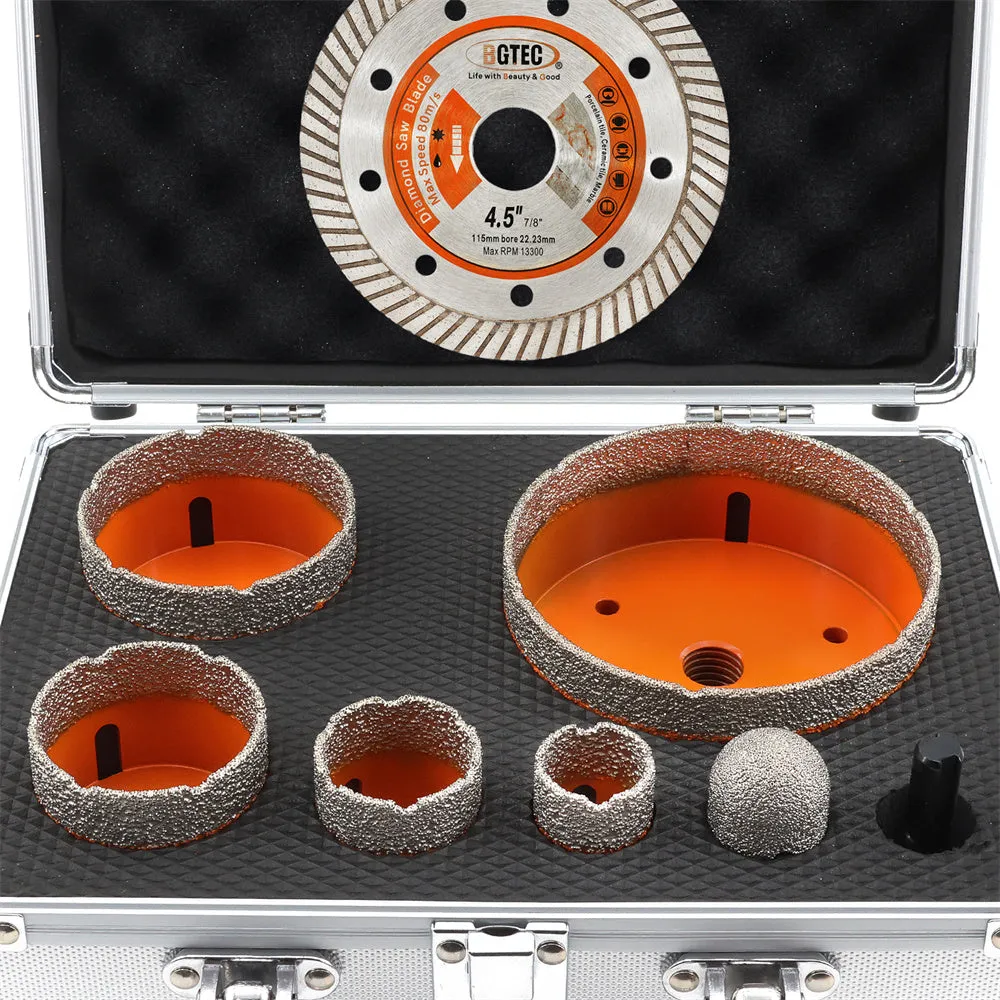 BGTEC Diamond Drill Bit 8pcs/set 20/35/50/65/100mm Core Bit 4.5"Saw Blade 25mm Finger Adapter Granite Marble Ceramic 5/8-11