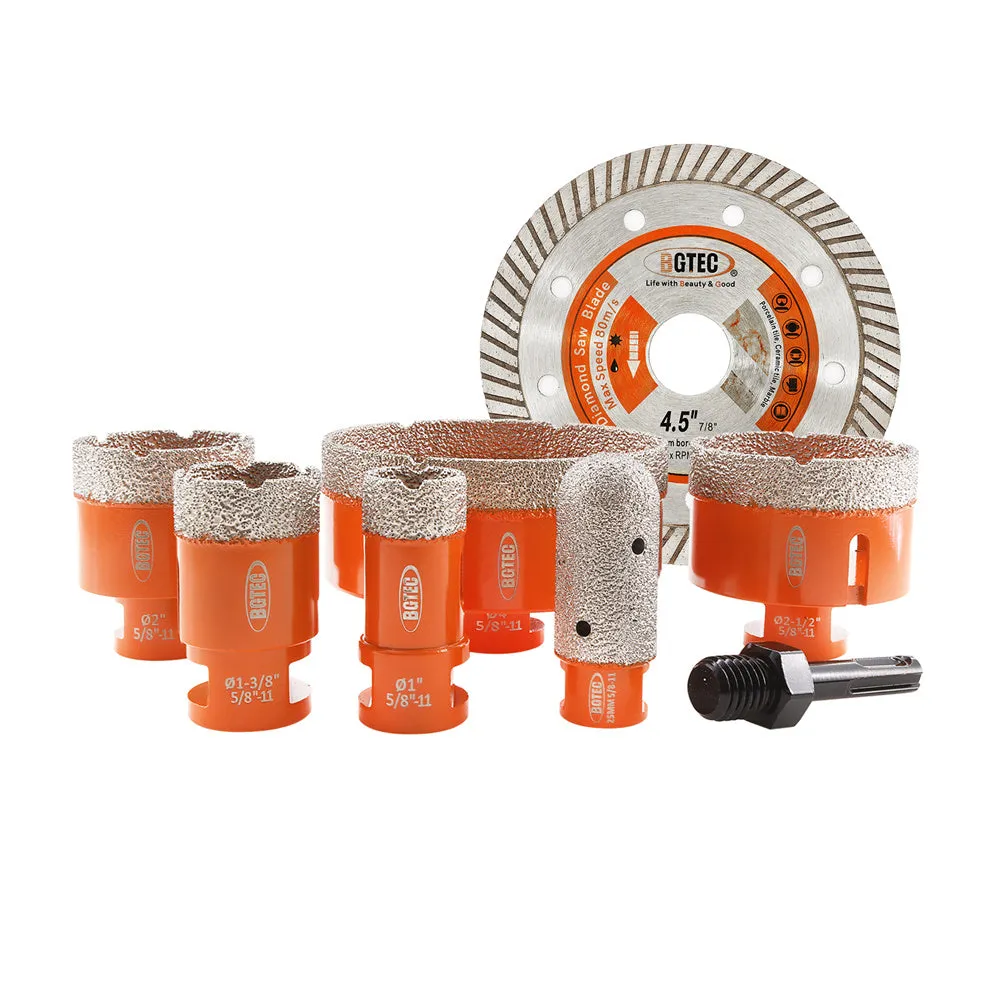 BGTEC Diamond Drill Bit 8pcs/set 20/35/50/65/100mm Core Bit 4.5"Saw Blade 25mm Finger Adapter Granite Marble Ceramic 5/8-11