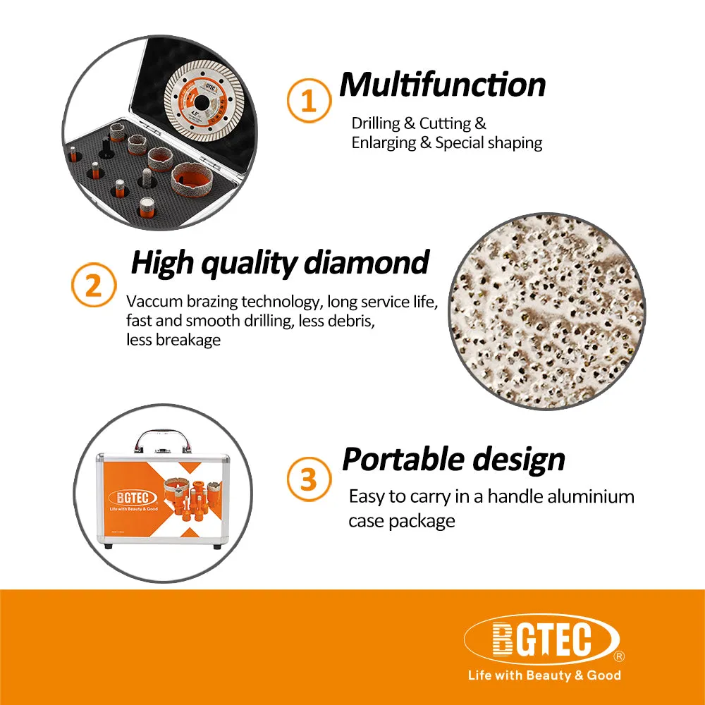 BGTEC Diamond Drill Bit 8pcs/set 20/35/50/65/100mm Core Bit 4.5"Saw Blade 25mm Finger Adapter Granite Marble Ceramic 5/8-11