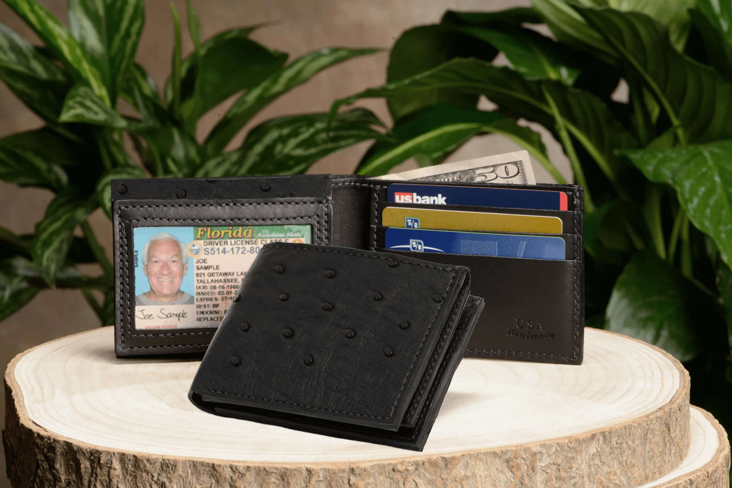 Black Ostrich Full Quill Luxury Designer Exotic Bifold Wallet With Flip Up ID Window