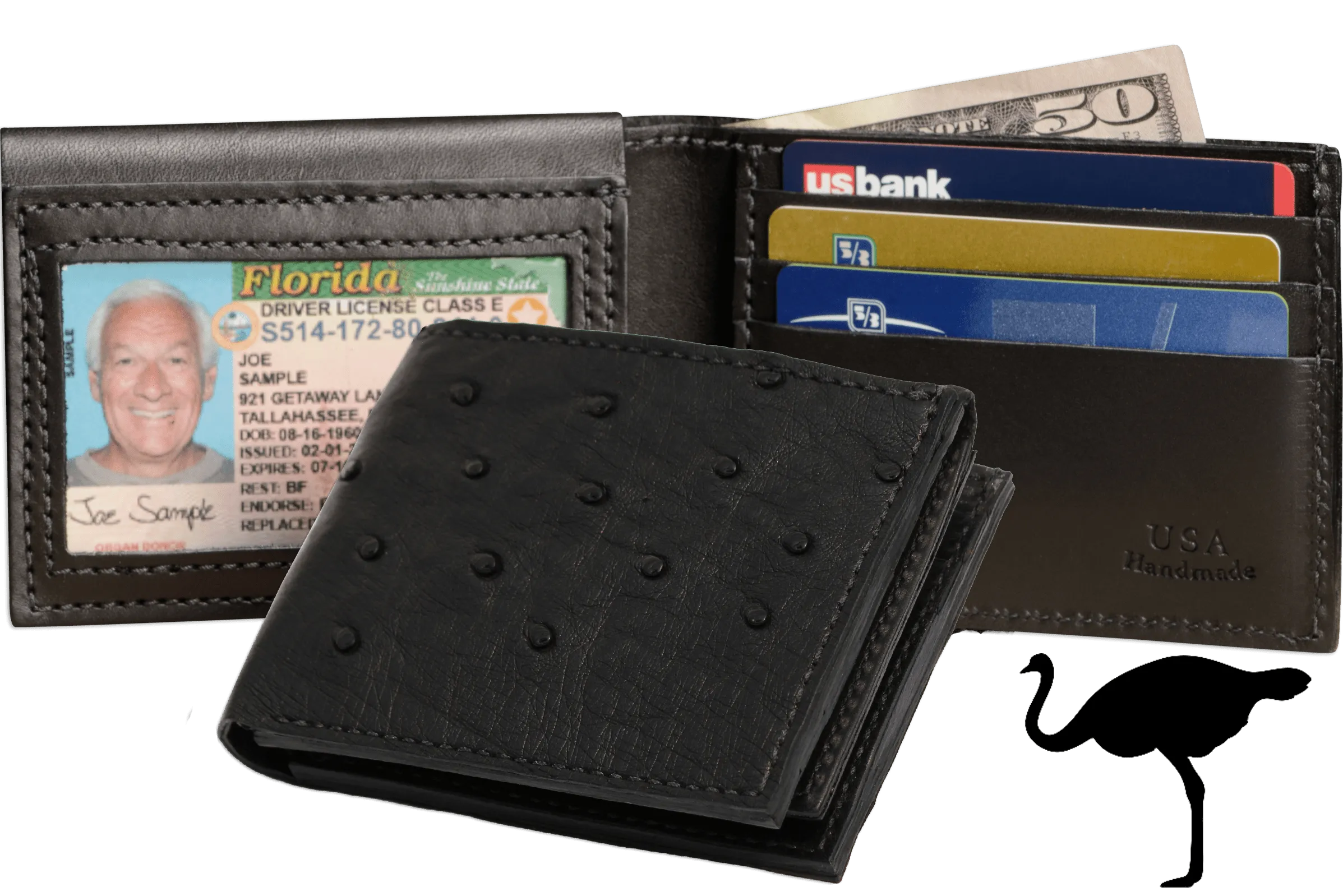 Black Ostrich Full Quill Luxury Designer Exotic Bifold Wallet With Flip Up ID Window
