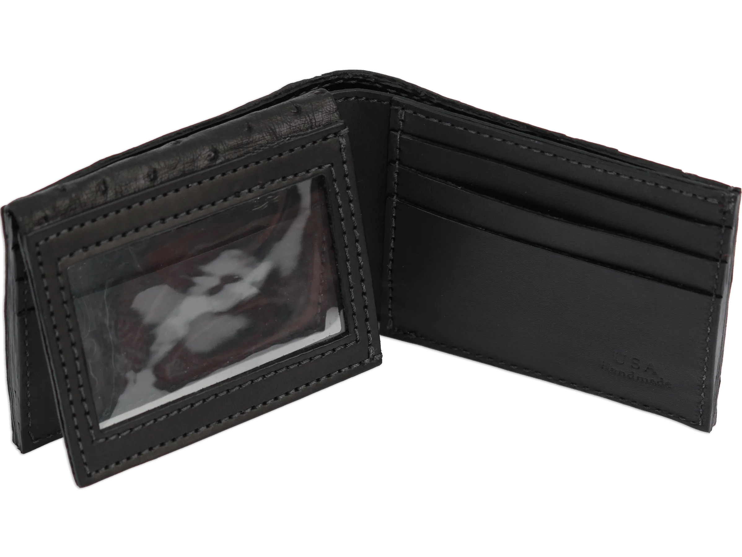 Black Ostrich Full Quill Luxury Designer Exotic Bifold Wallet With Flip Up ID Window
