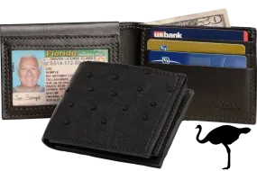 Black Ostrich Full Quill Luxury Designer Exotic Bifold Wallet With Flip Up ID Window