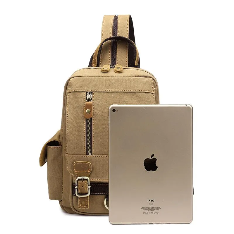 Canvas Leather Mens Mini Sling Bag Khaki Backpack One Shoulder Bag Green Chest Bag for Men