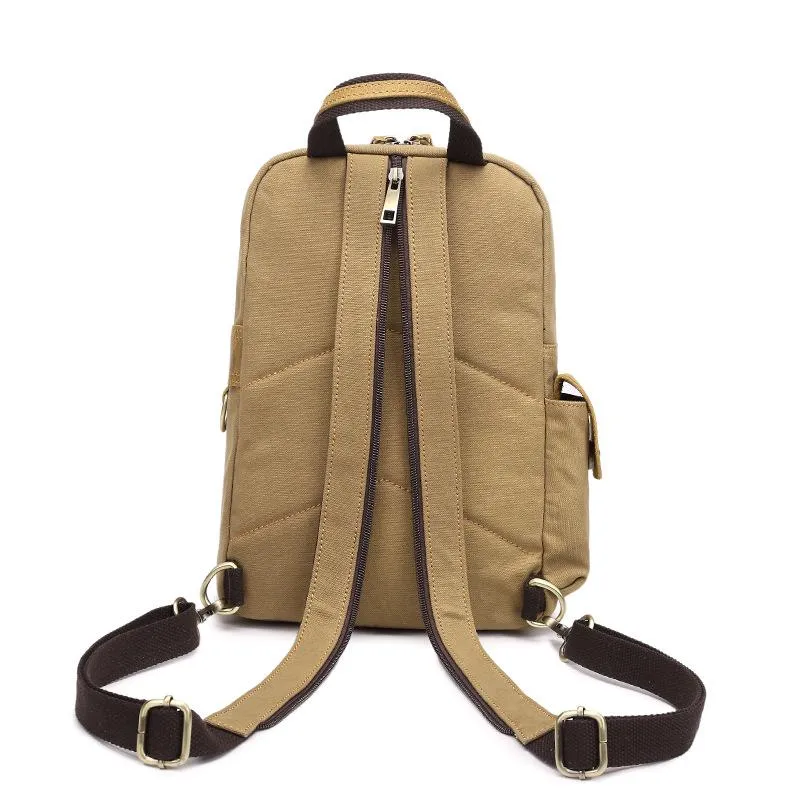 Canvas Leather Mens Mini Sling Bag Khaki Backpack One Shoulder Bag Green Chest Bag for Men