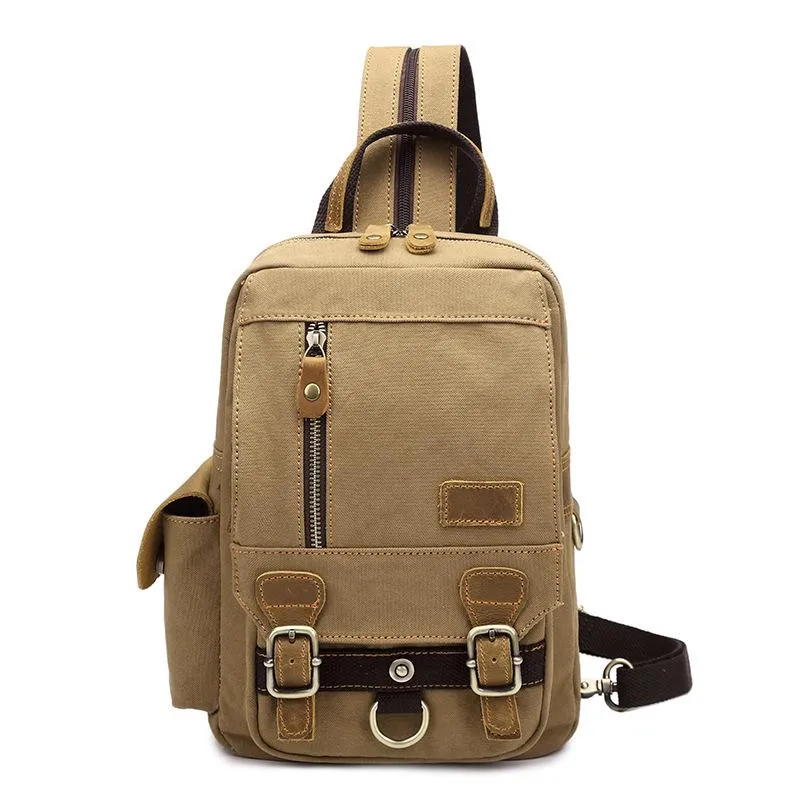 Canvas Leather Mens Mini Sling Bag Khaki Backpack One Shoulder Bag Green Chest Bag for Men