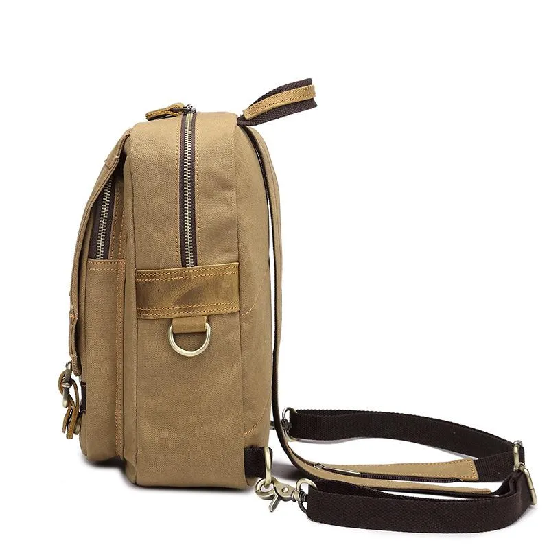 Canvas Leather Mens Mini Sling Bag Khaki Backpack One Shoulder Bag Green Chest Bag for Men