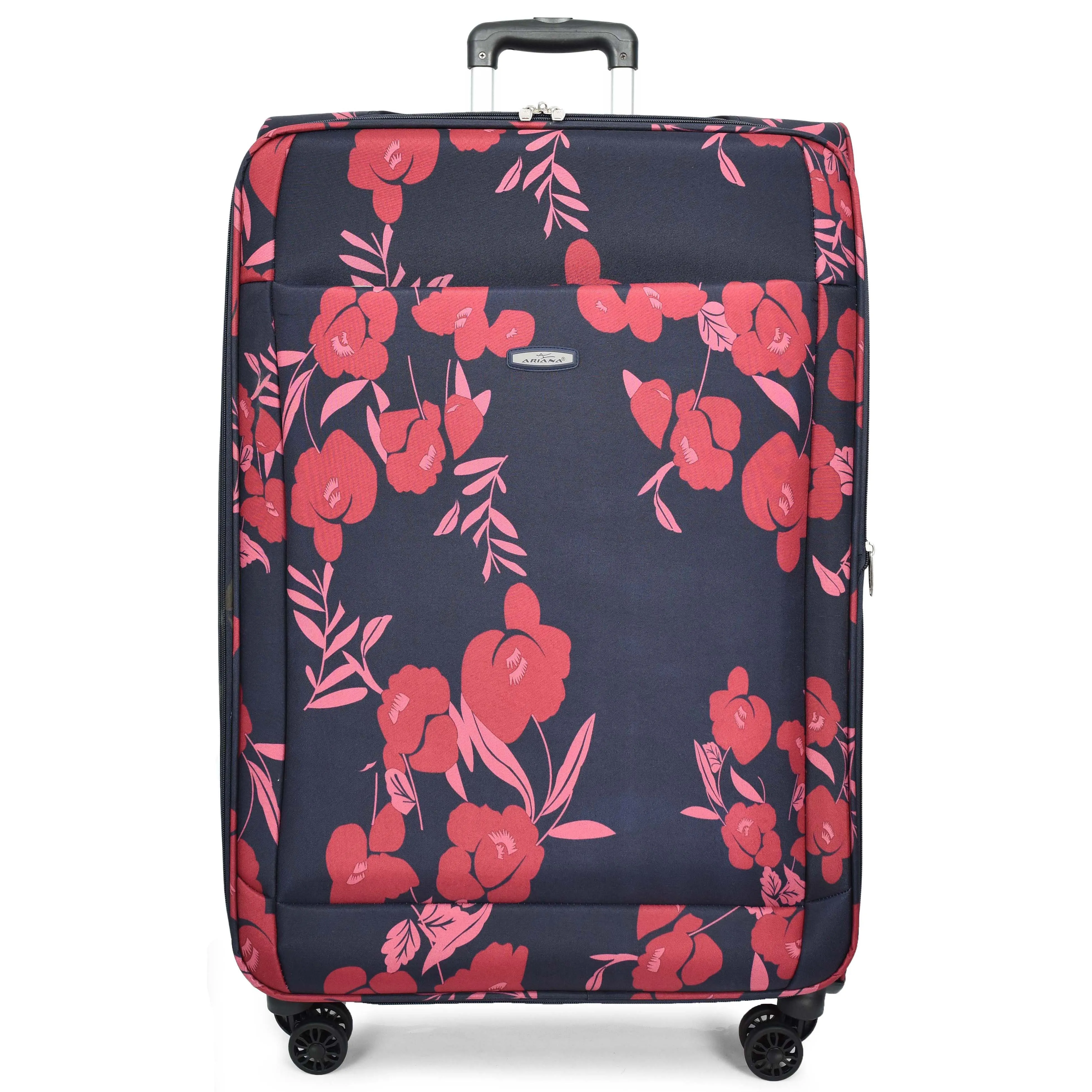 Four Wheel Soft Suitcase Luggage Lightweight Flower Print Navy