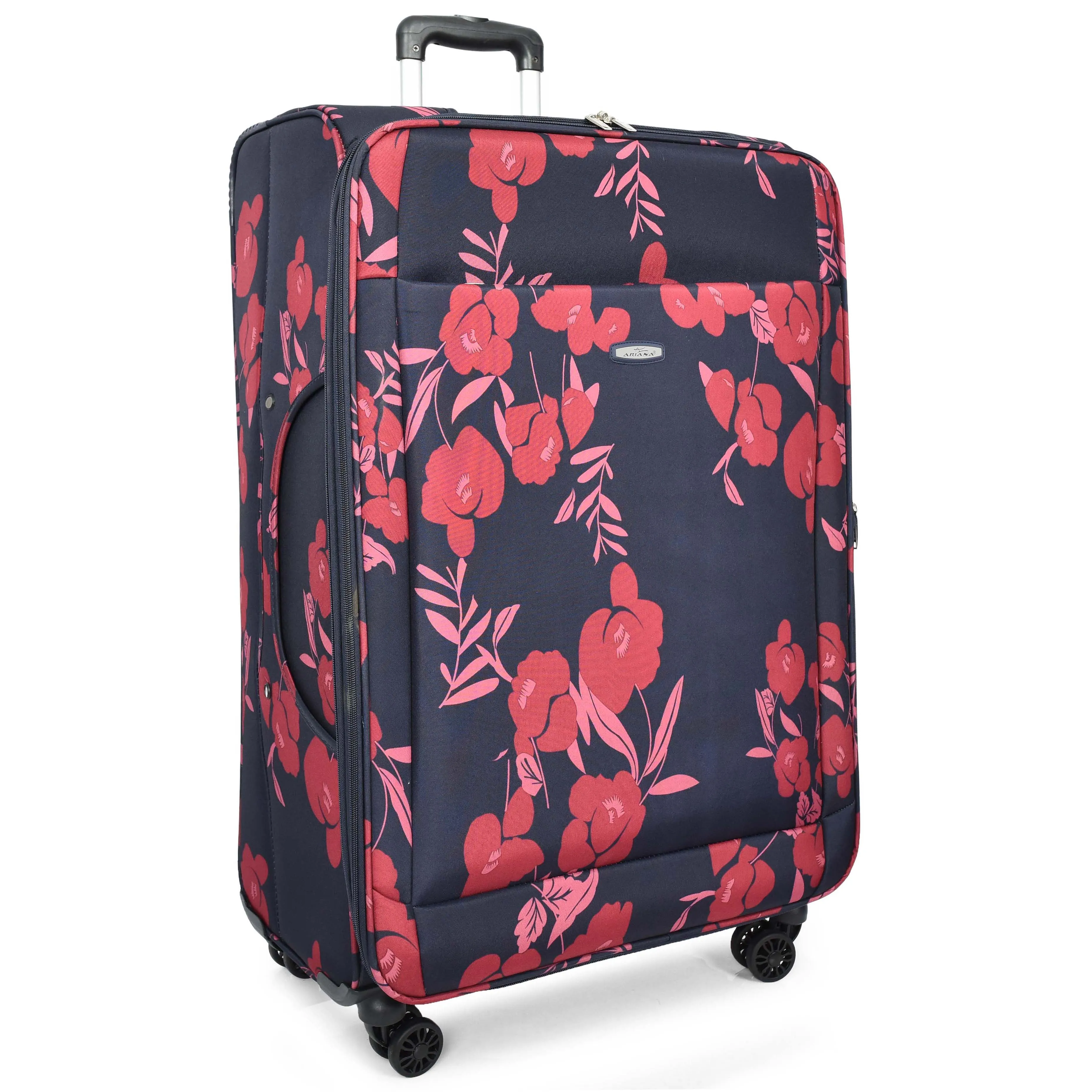 Four Wheel Soft Suitcase Luggage Lightweight Flower Print Navy