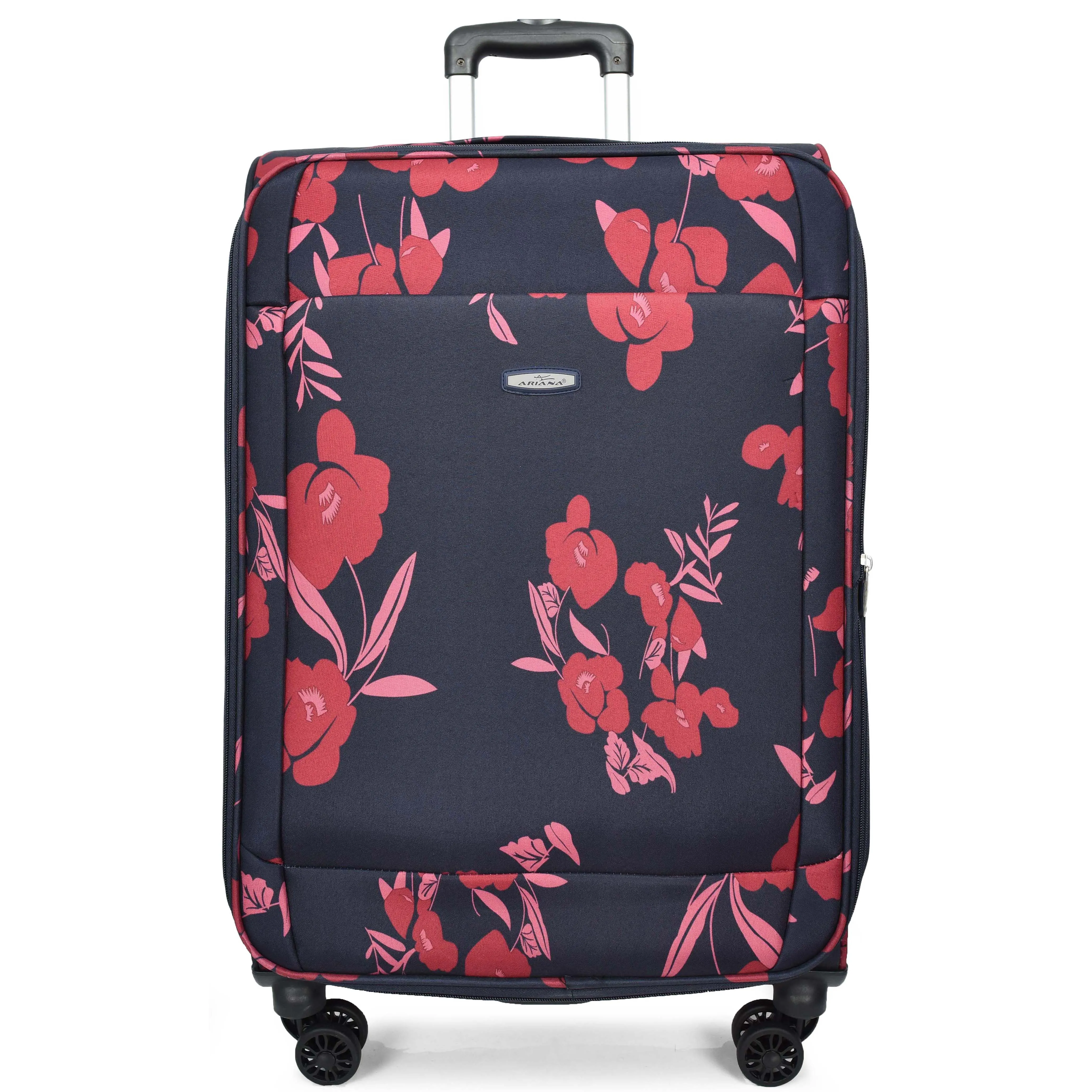 Four Wheel Soft Suitcase Luggage Lightweight Flower Print Navy