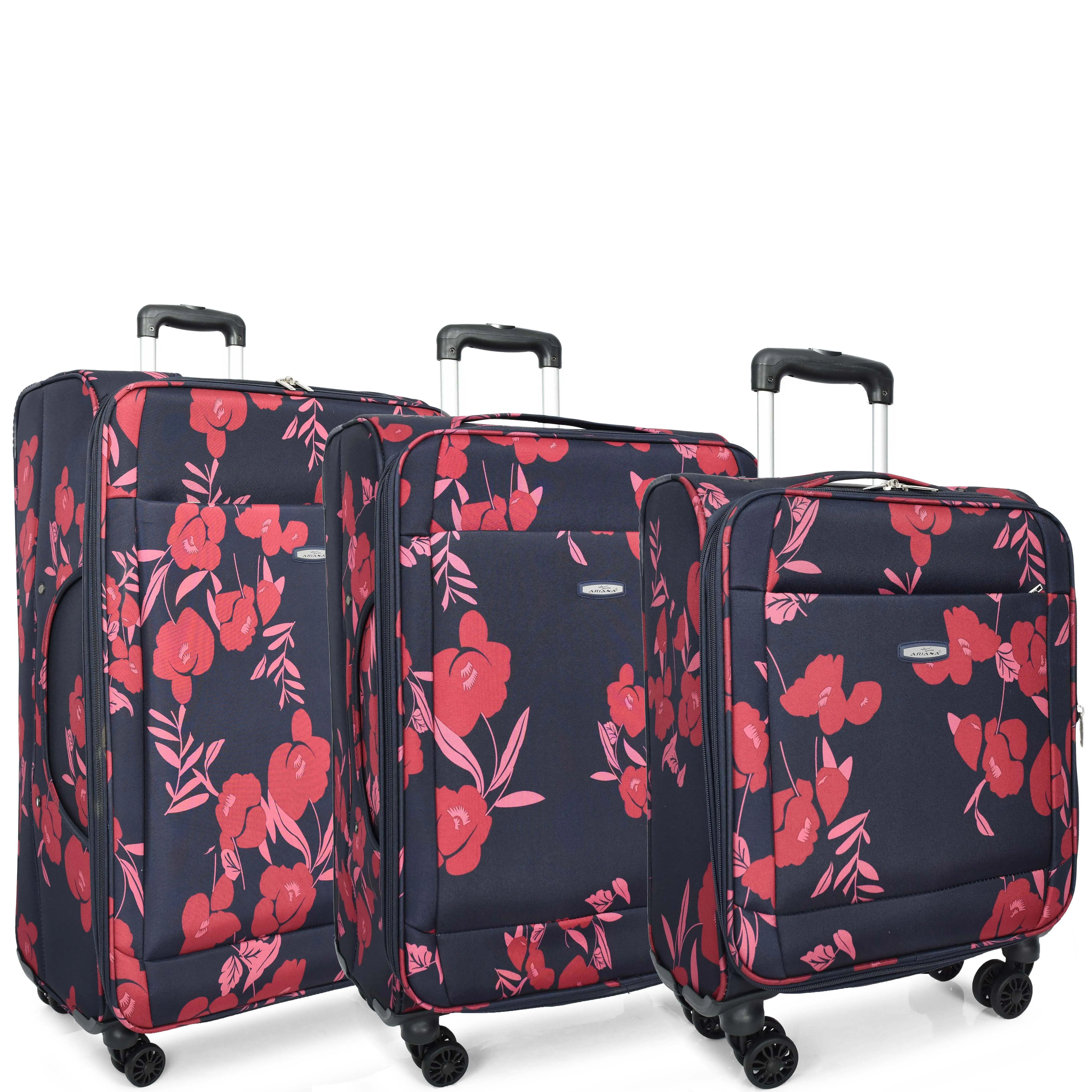 Four Wheel Soft Suitcase Luggage Lightweight Flower Print Navy