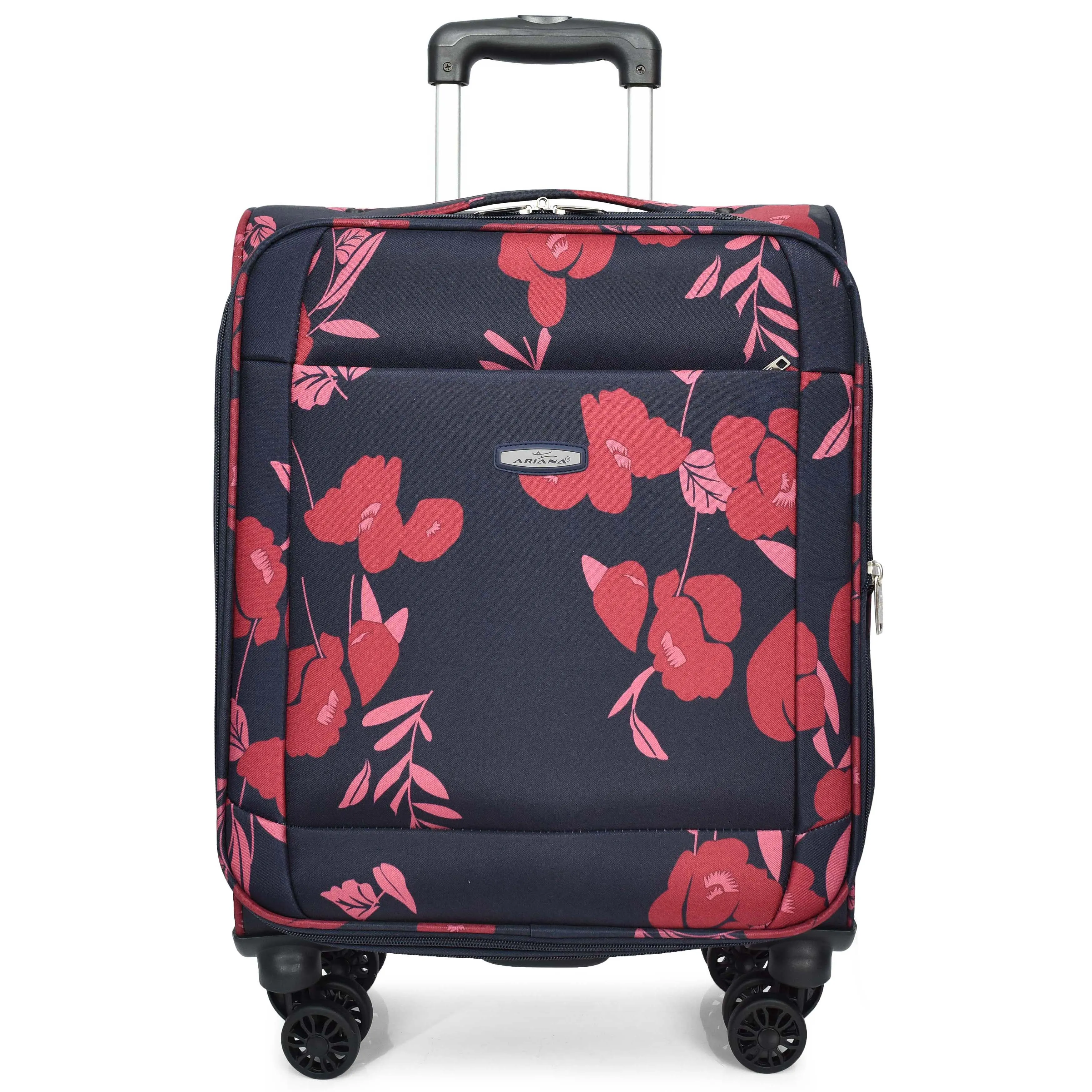 Four Wheel Soft Suitcase Luggage Lightweight Flower Print Navy