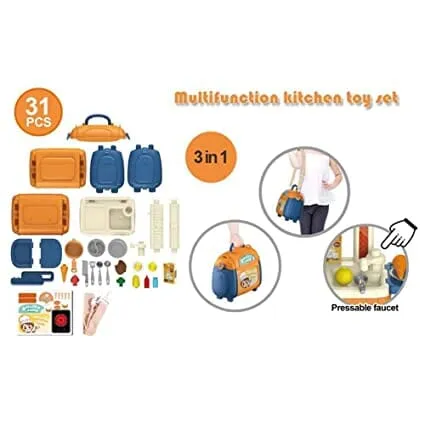 G.FIDEL 3 in 1 Multi Function Pretend Mobile Kitchen Playset to Play Little Chef's Kitchen Set with Portable Suitcase Design | Kitchen Set for Girls - 31Pcs (Blue Mobile KITCHENSET)
