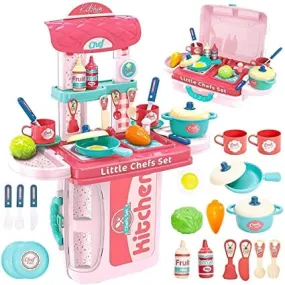 G.Fidel Little Chef 2 in 1 Portable Cooking Set Kitchen Play Set Cooking Toys Mini Kitchen playset Pretend Play Dessert Food Party Role Toy for Boys Girls (Pink)- Multi Color