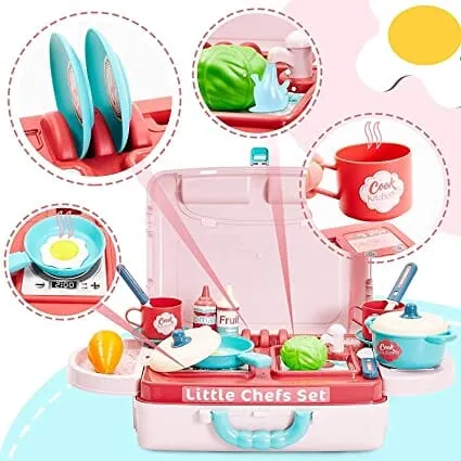 G.Fidel Little Chef 2 in 1 Portable Cooking Set Kitchen Play Set Cooking Toys Mini Kitchen playset Pretend Play Dessert Food Party Role Toy for Boys Girls (Pink)- Multi Color