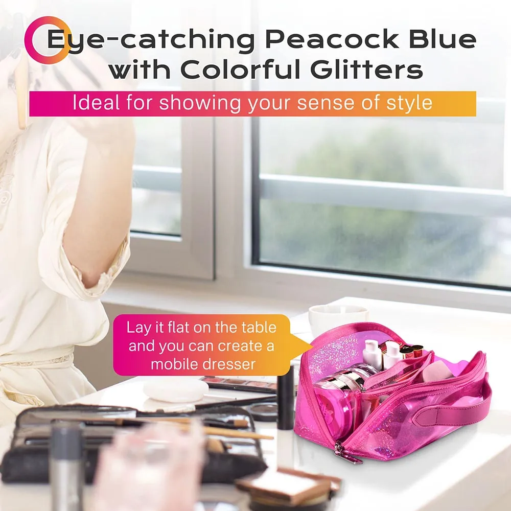 Glitter Lay Flat Cosmetic Bag with Compartments