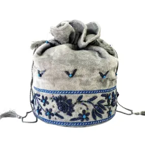 Gray Velvet and Blue Bucket Bag