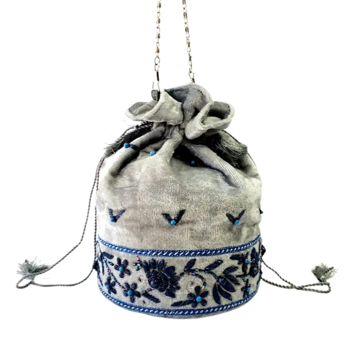 Gray Velvet and Blue Bucket Bag