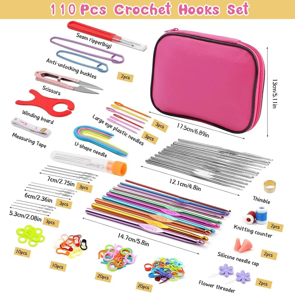 HASTHIP® 110 Pcs Crochet Hooks Set, Crochet Hooks Set with Case, Coloured Ergonomic Crochet Hooks and Crochet Needle Accessories, Crochet Needles Kit for Beginners and Crochet Hook Lovers