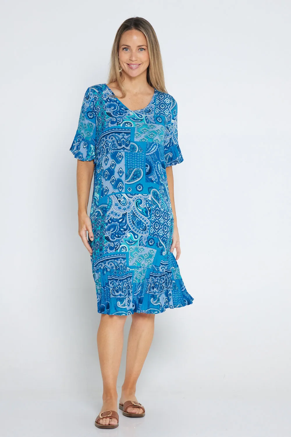 Jessica Sleeved Dress - Paisley Blue Patchwork
