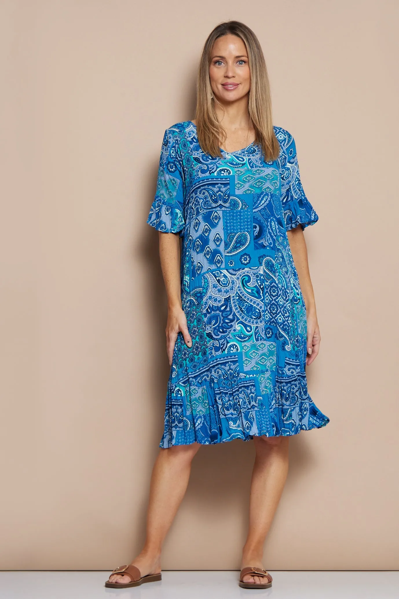 Jessica Sleeved Dress - Paisley Blue Patchwork