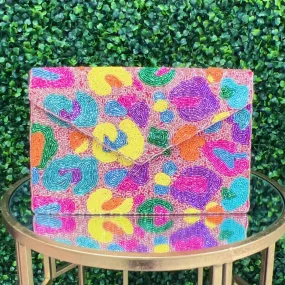 Multicolor leopard beaded clutch