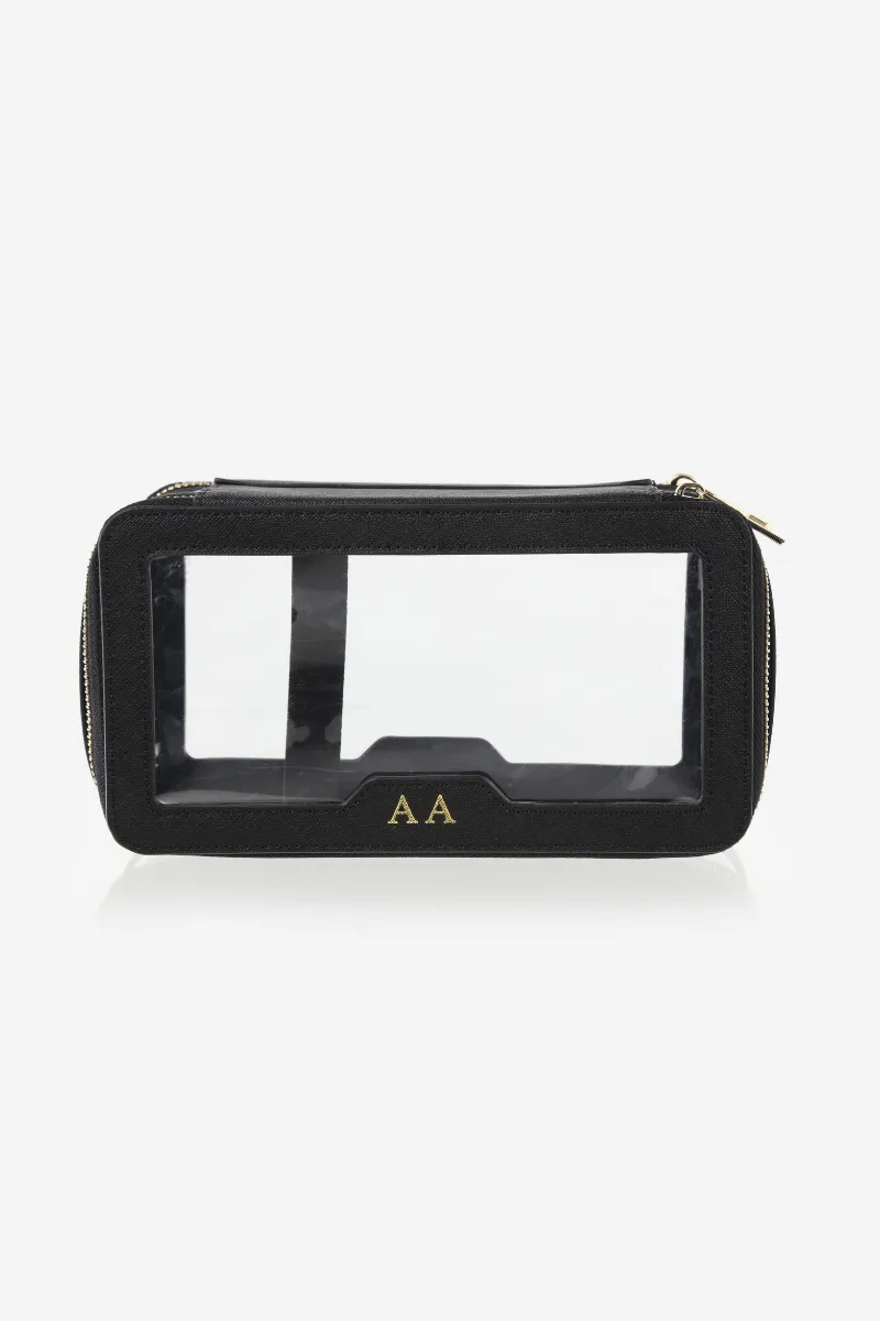Personalised Leather & Perspex Double Zip Cali Cosmetic Bag - Black Saffiano