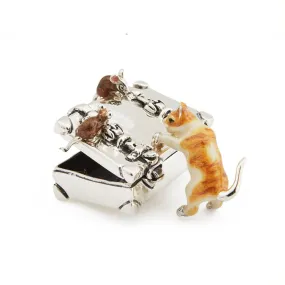 Silver and Enamel Ginger Tomcat with Mice on Suitcase