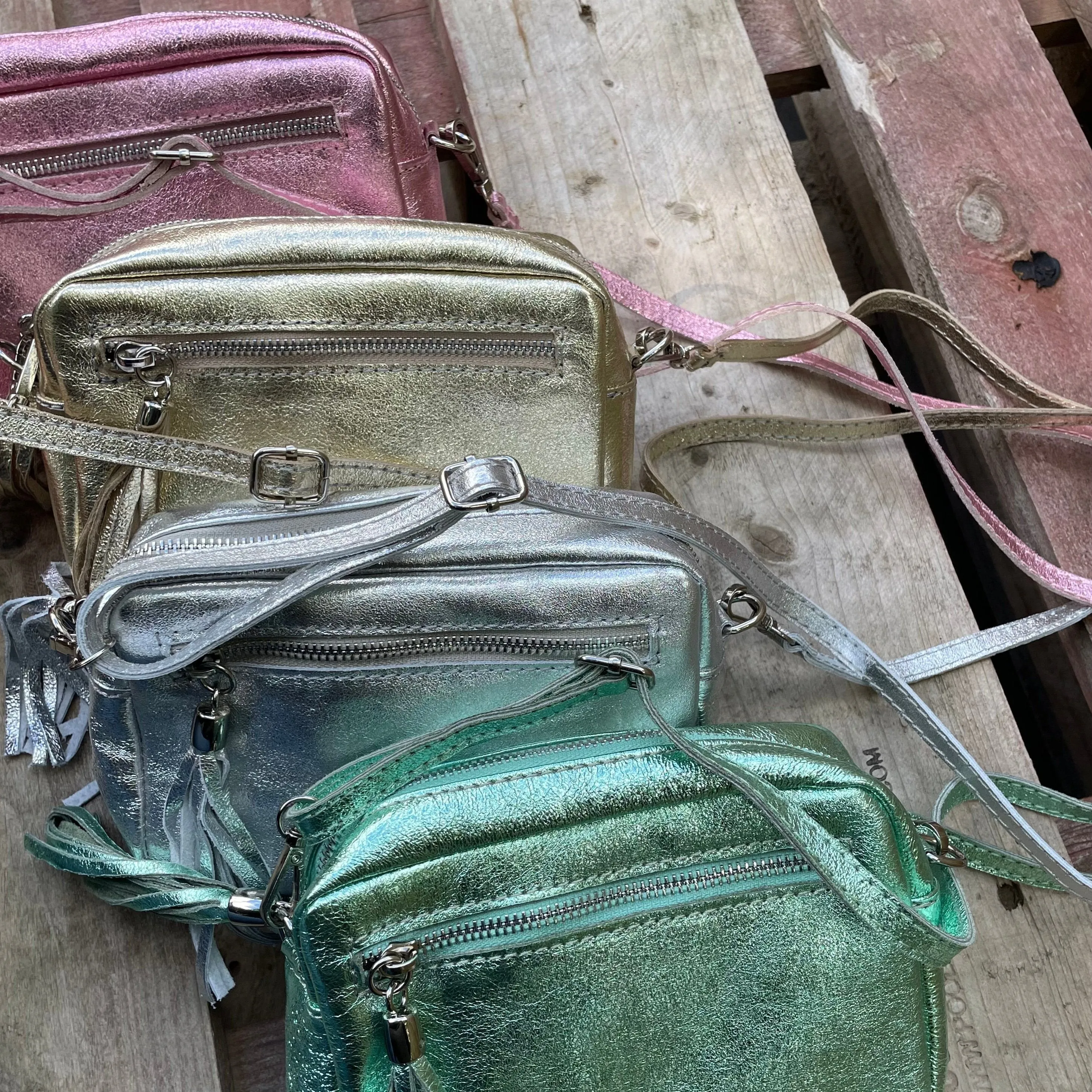 Small Metallic Leather Camera Bag - Mint