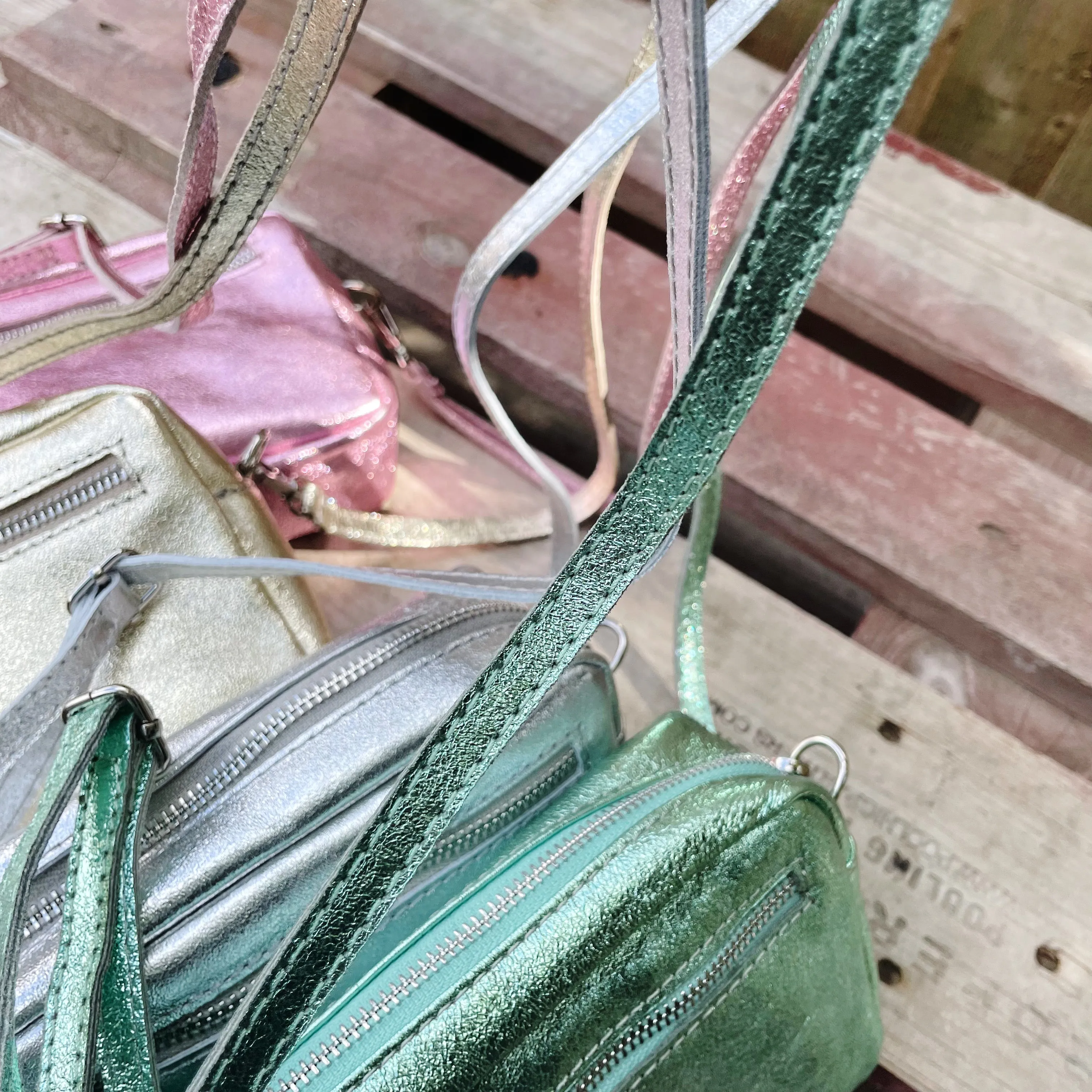 Small Metallic Leather Camera Bag - Mint