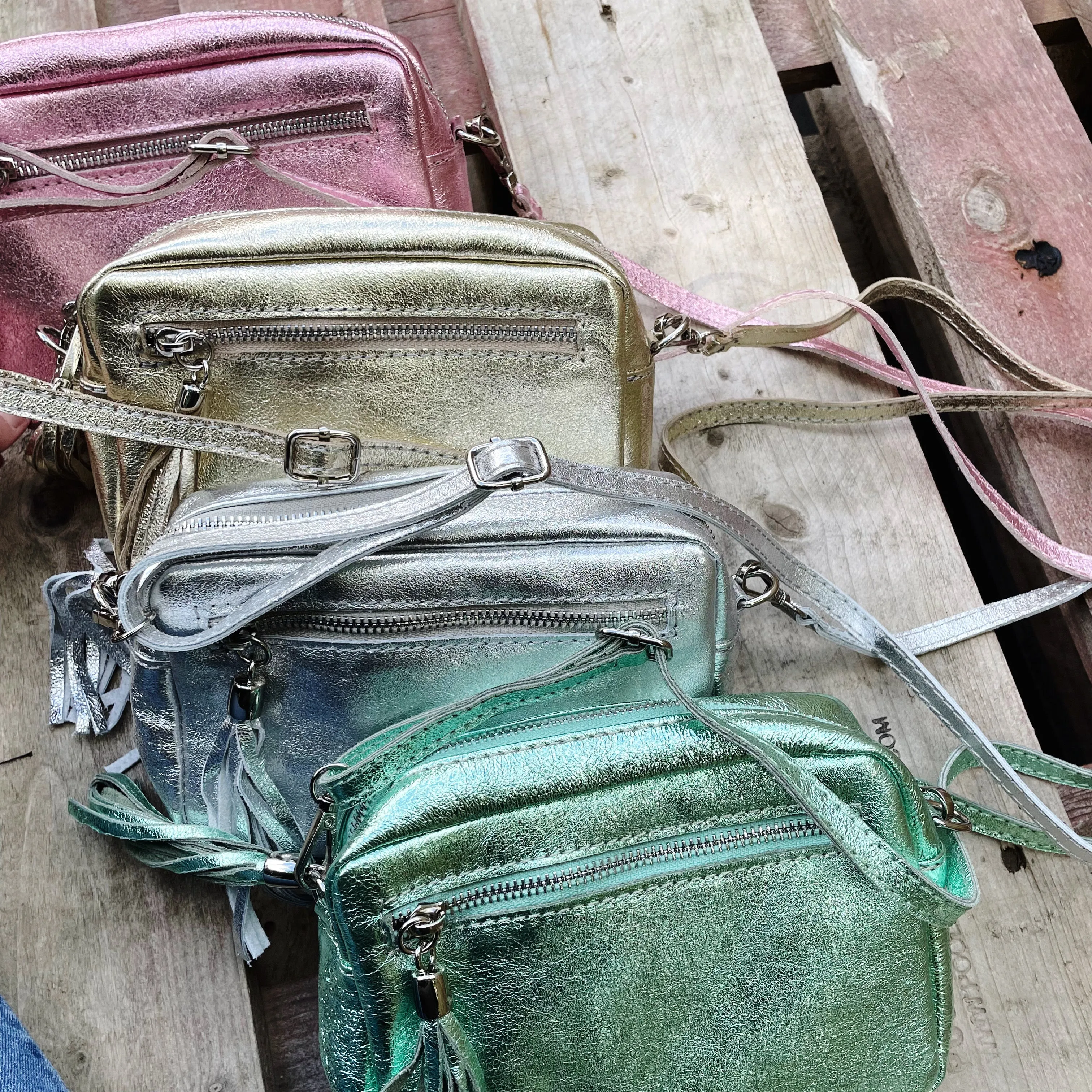 Small Metallic Leather Camera Bag - Mint