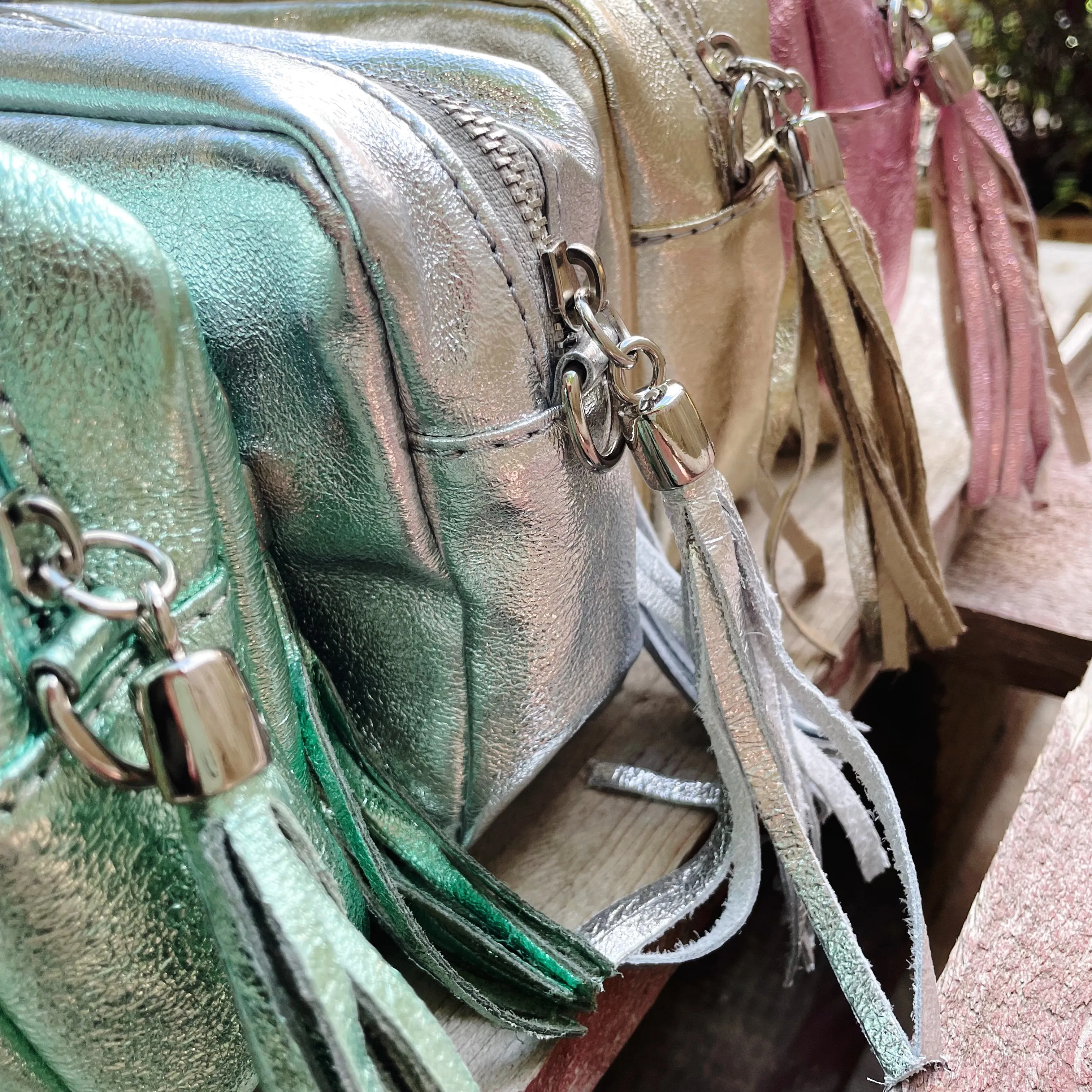 Small Metallic Leather Camera Bag - Mint