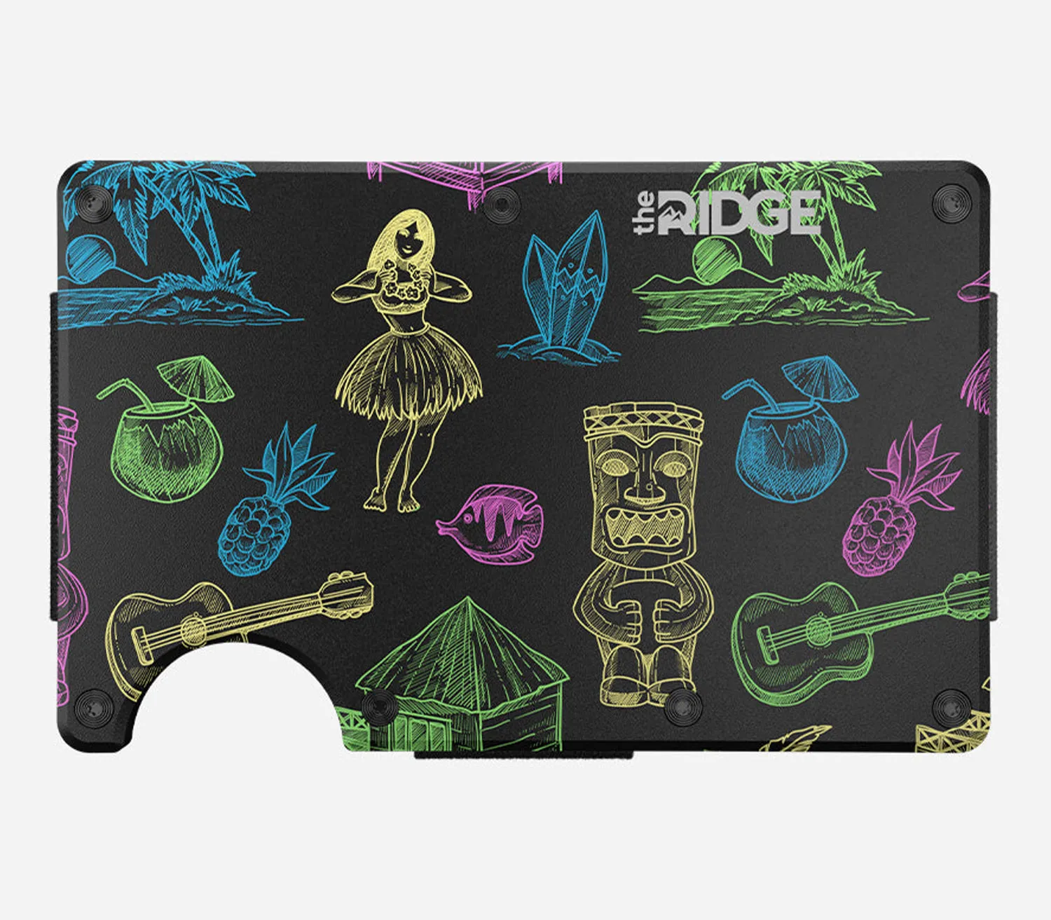 The Ridge Wallet - Aluminum With Money Clip   Cash Strap - Neon Tiki