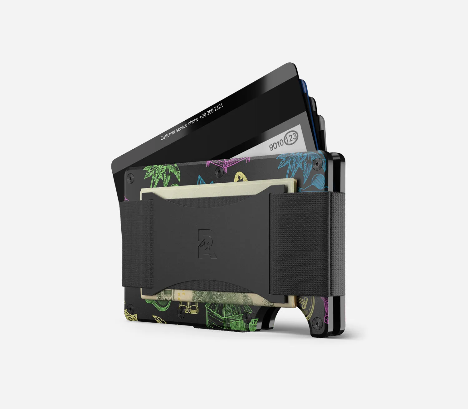 The Ridge Wallet - Aluminum With Money Clip   Cash Strap - Neon Tiki