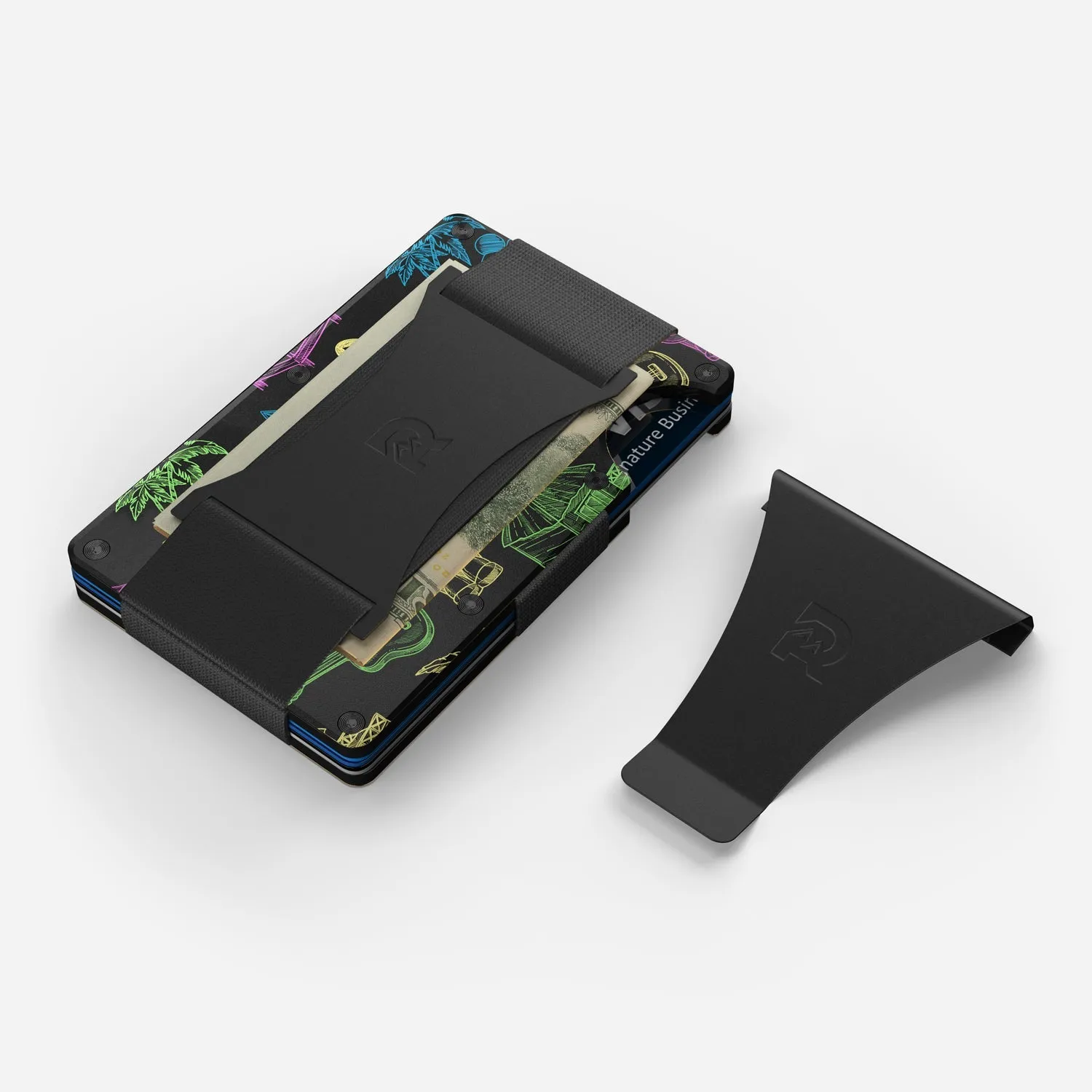 The Ridge Wallet - Aluminum With Money Clip   Cash Strap - Neon Tiki