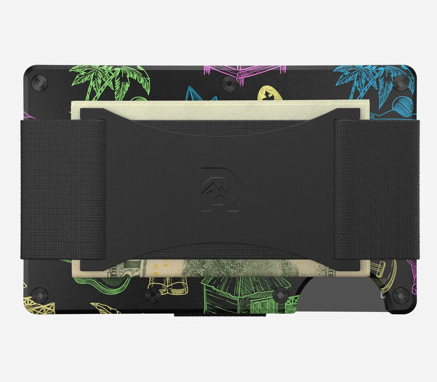 The Ridge Wallet - Aluminum With Money Clip   Cash Strap - Neon Tiki