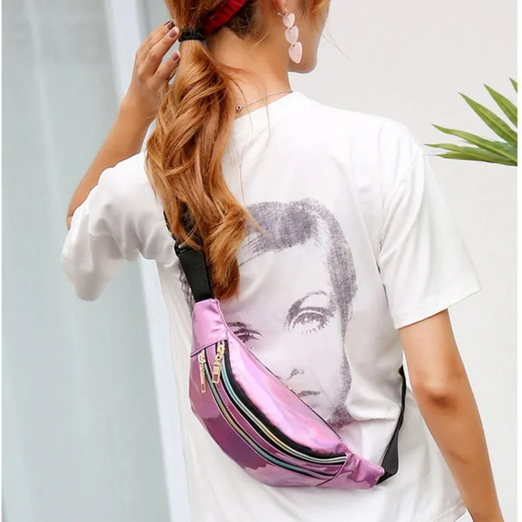 Women Punk Laser Glossy PU Double Zipper Chest Bag Casual Waist Bag(Pink)